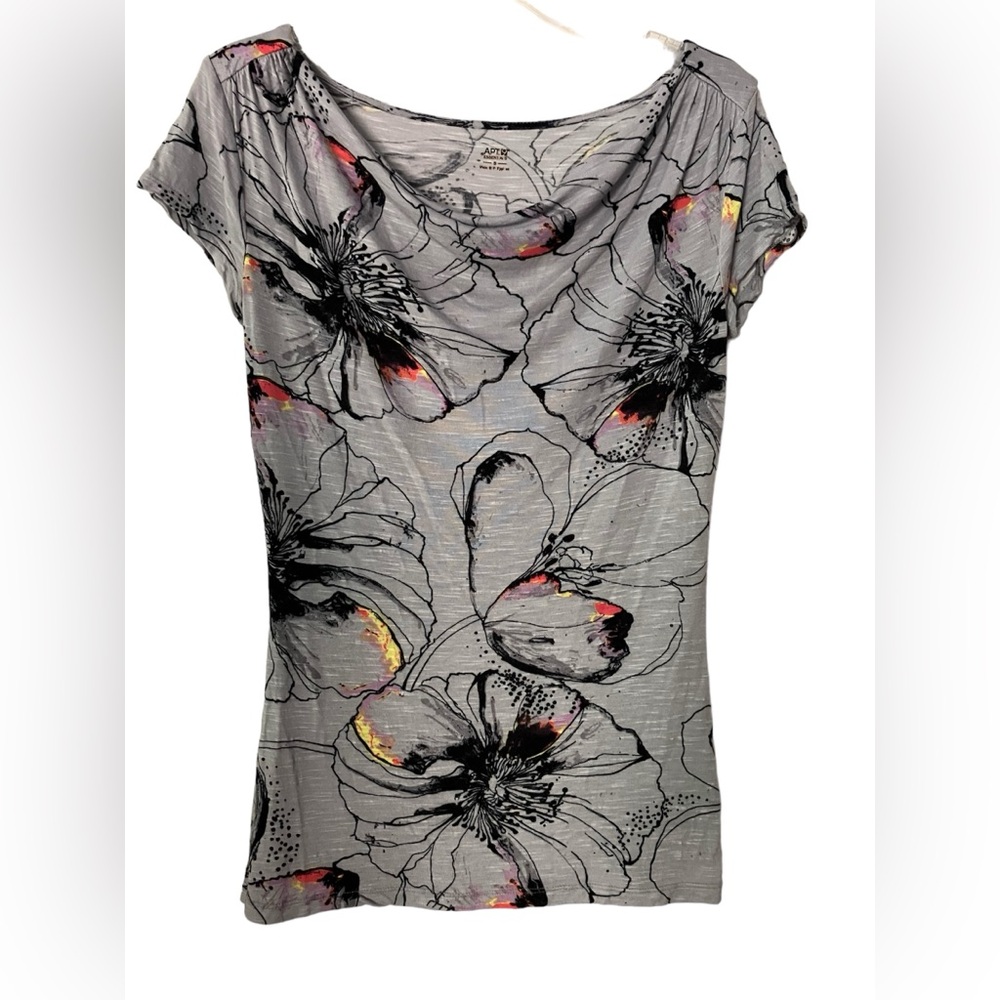 APT. 9 ESSENTIALS WOMEN’S SMALL GRAY PRINT DRAPED NECK CAP SLEEVE STRETCH TOP